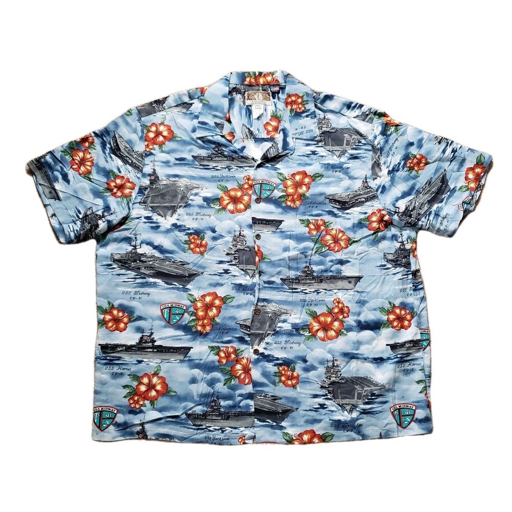 Vintage Kalaheo USS Midway Sz 2XL USA Made Floral Hawaiian Mens Button Up Shirt